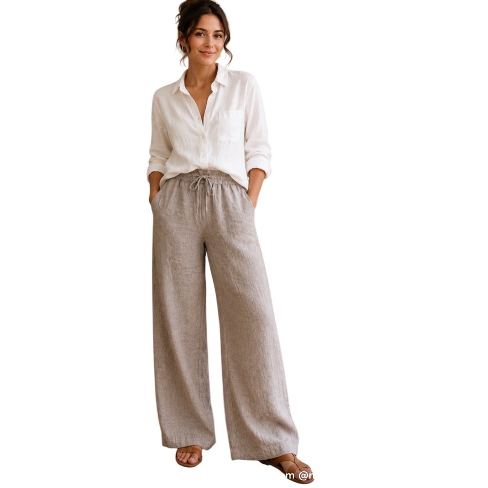 Quince Wide Leg Linen Pants Drawstring Waist Tan Large